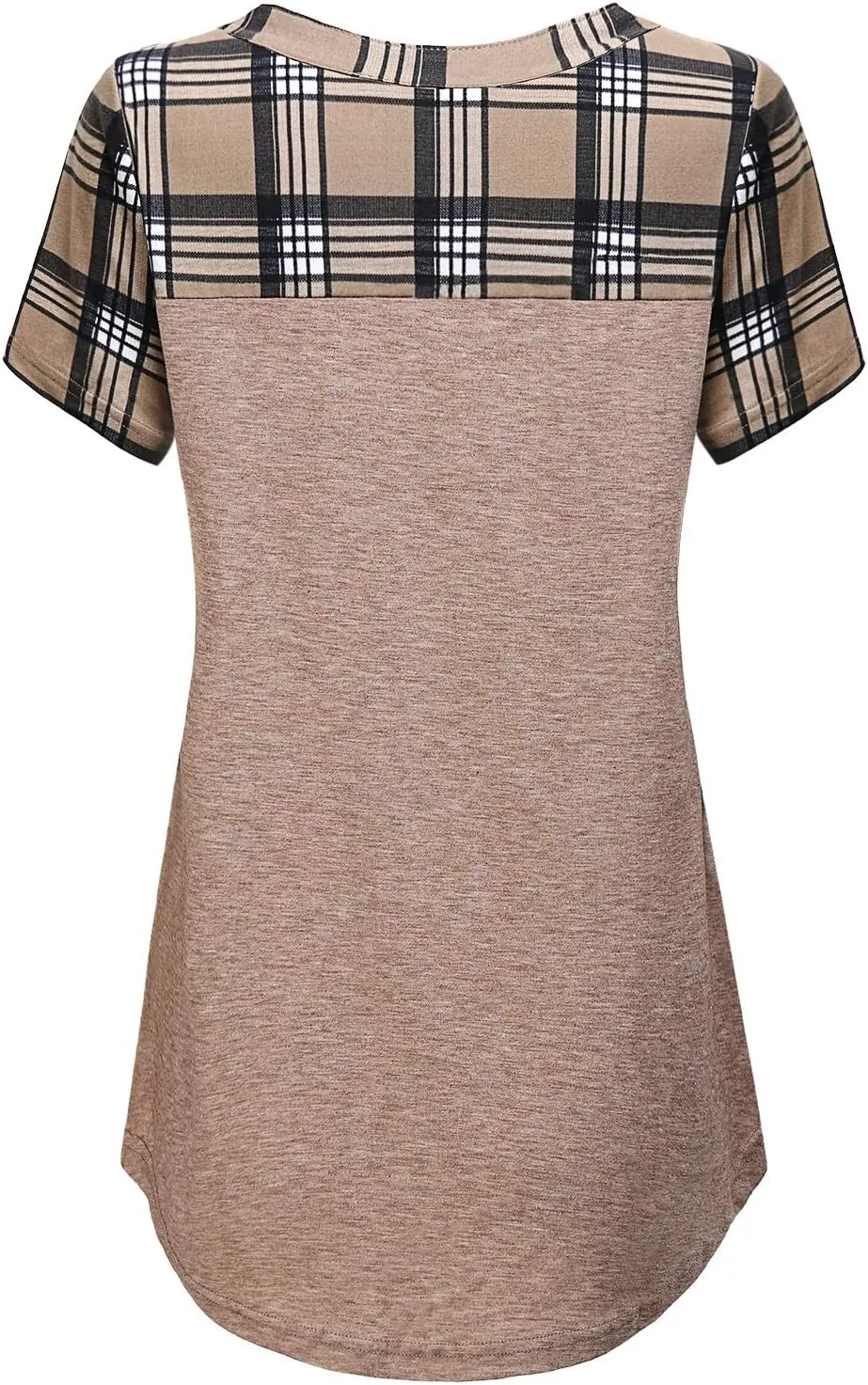 MOQIVGI Womens Short Sleeve Vneck Hi Low Hem Patchwork Tops with Pocket