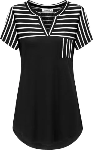 MOQIVGI Womens Short Sleeve Vneck Hi Low Hem Patchwork Tops with Pocket