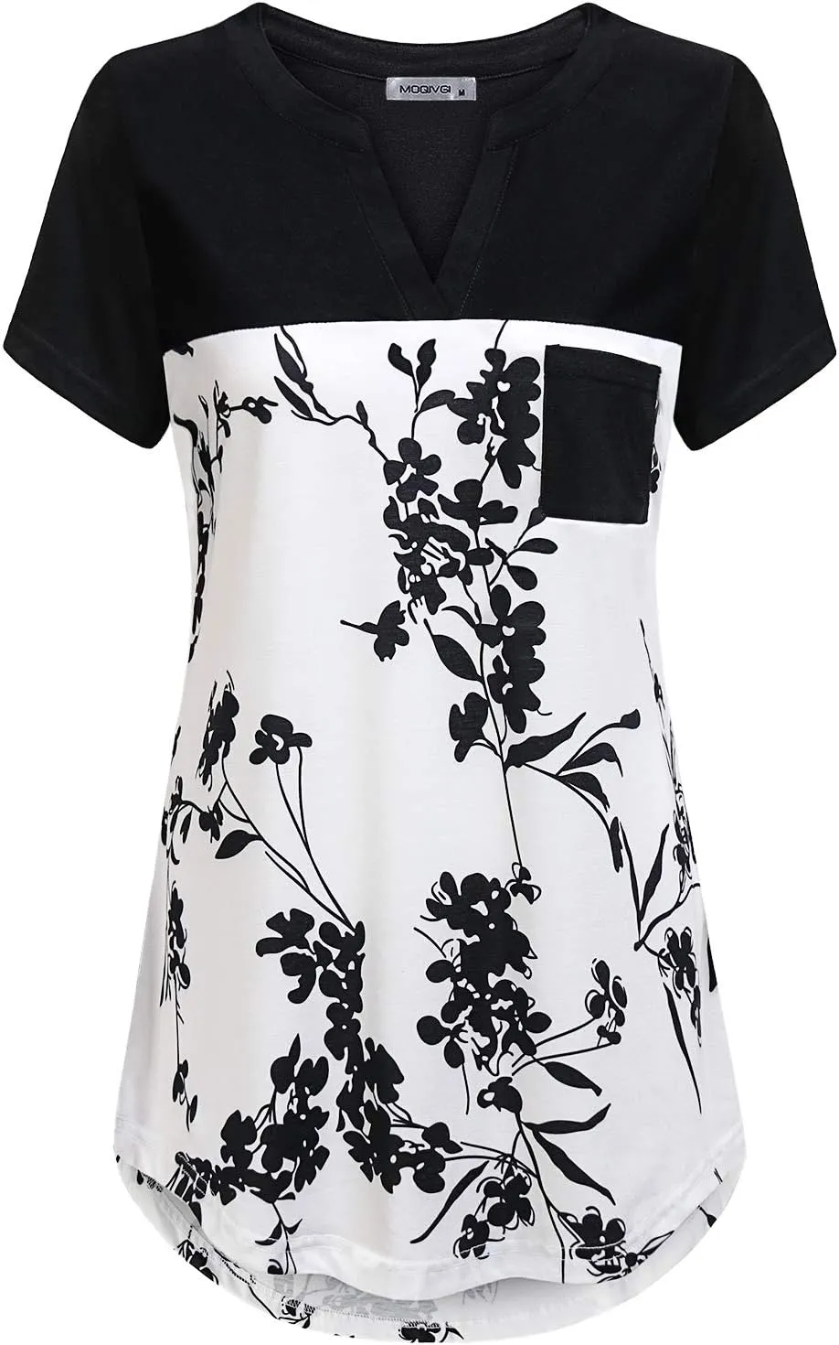 MOQIVGI Womens Short Sleeve Vneck Hi Low Hem Patchwork Tops with Pocket