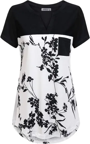 MOQIVGI Womens Short Sleeve Vneck Hi Low Hem Patchwork Tops with Pocket
