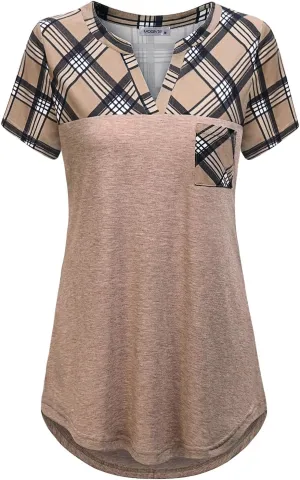 MOQIVGI Womens Short Sleeve Vneck Hi Low Hem Patchwork Tops with Pocket
