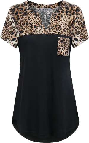 MOQIVGI Womens Short Sleeve Vneck Hi Low Hem Patchwork Tops with Pocket