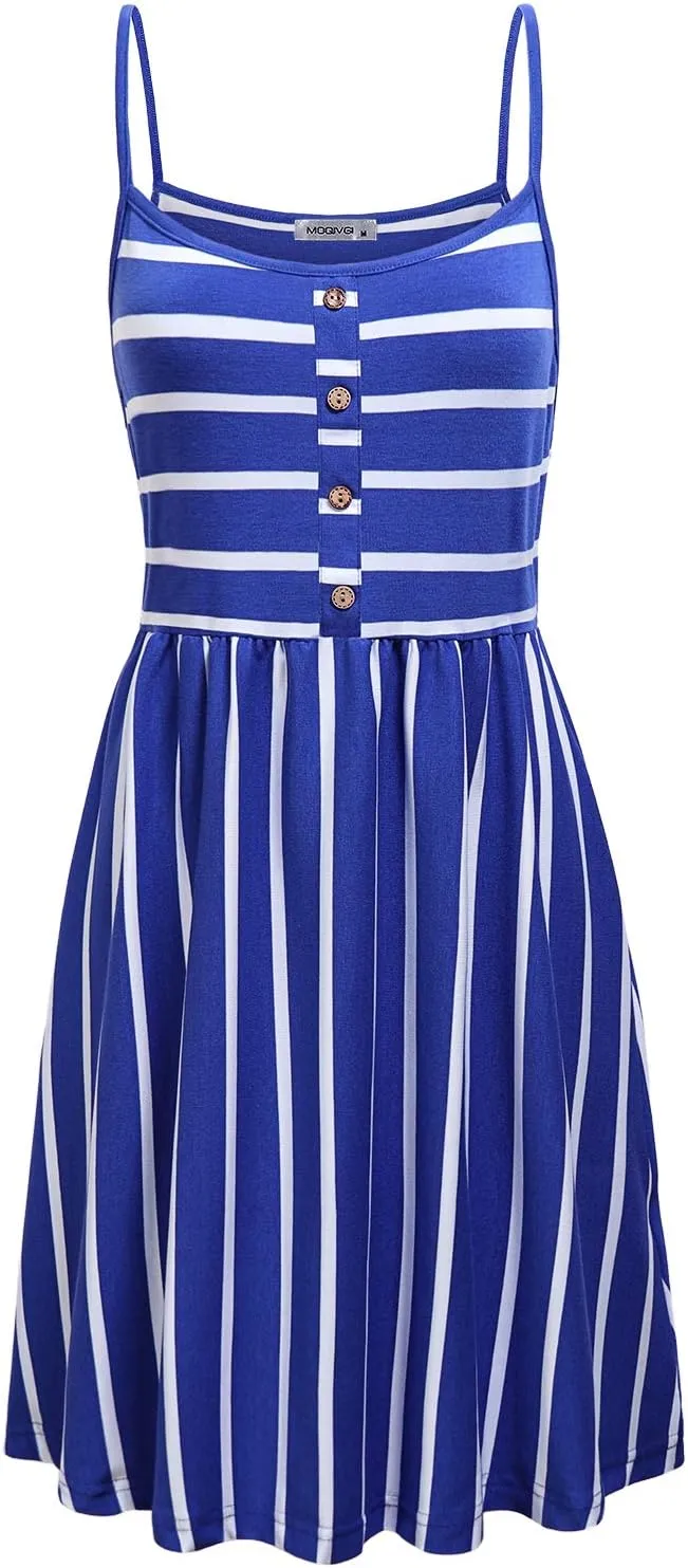 MOQIVGI Womens Spaghetti Strap Button Detail Pleated Summer Casual Stripe Dresses