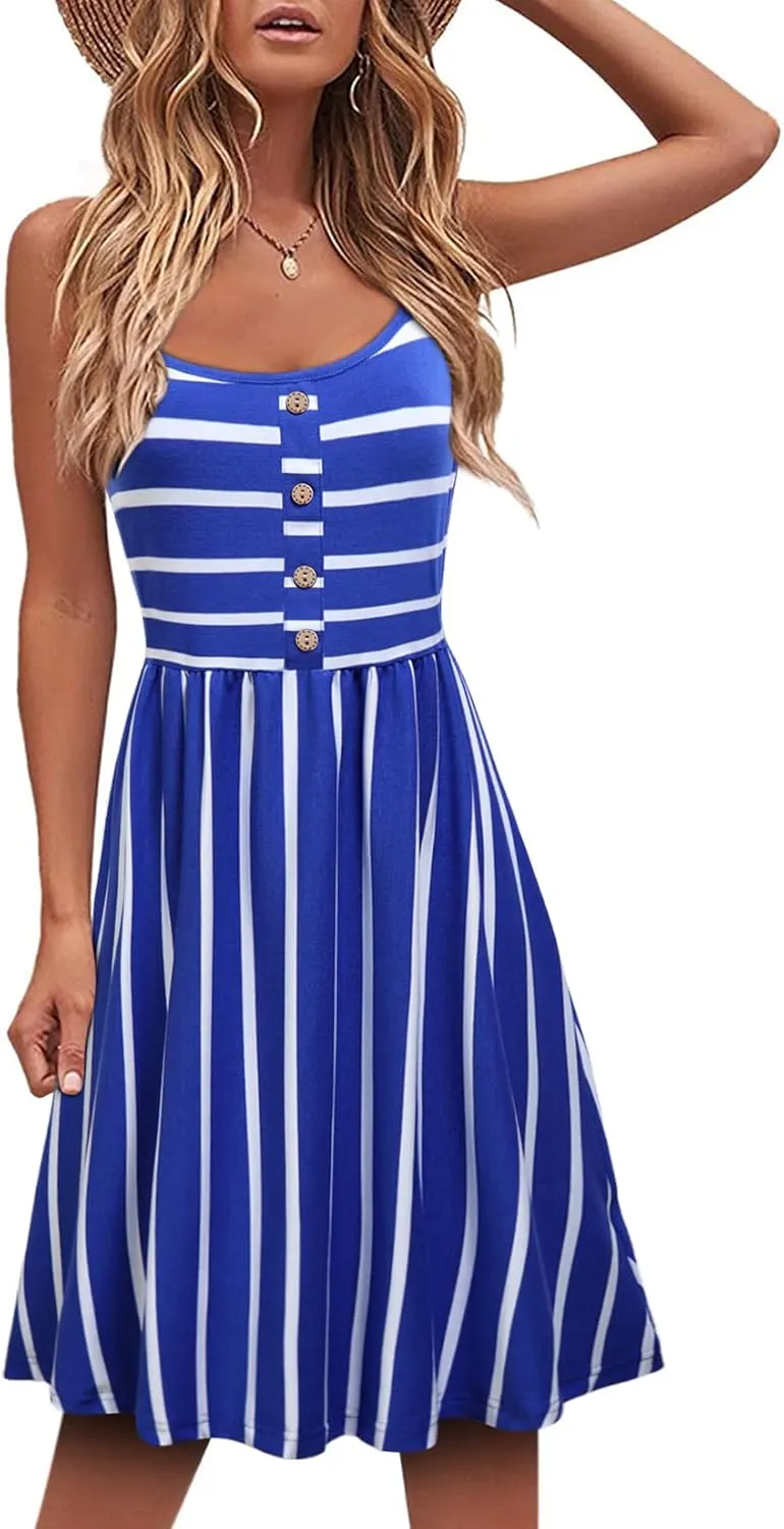 MOQIVGI Womens Spaghetti Strap Button Detail Pleated Summer Casual Stripe Dresses