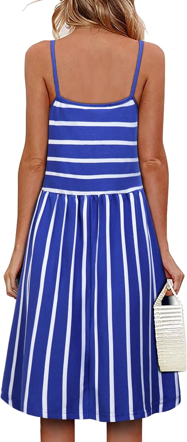 MOQIVGI Womens Spaghetti Strap Button Detail Pleated Summer Casual Stripe Dresses