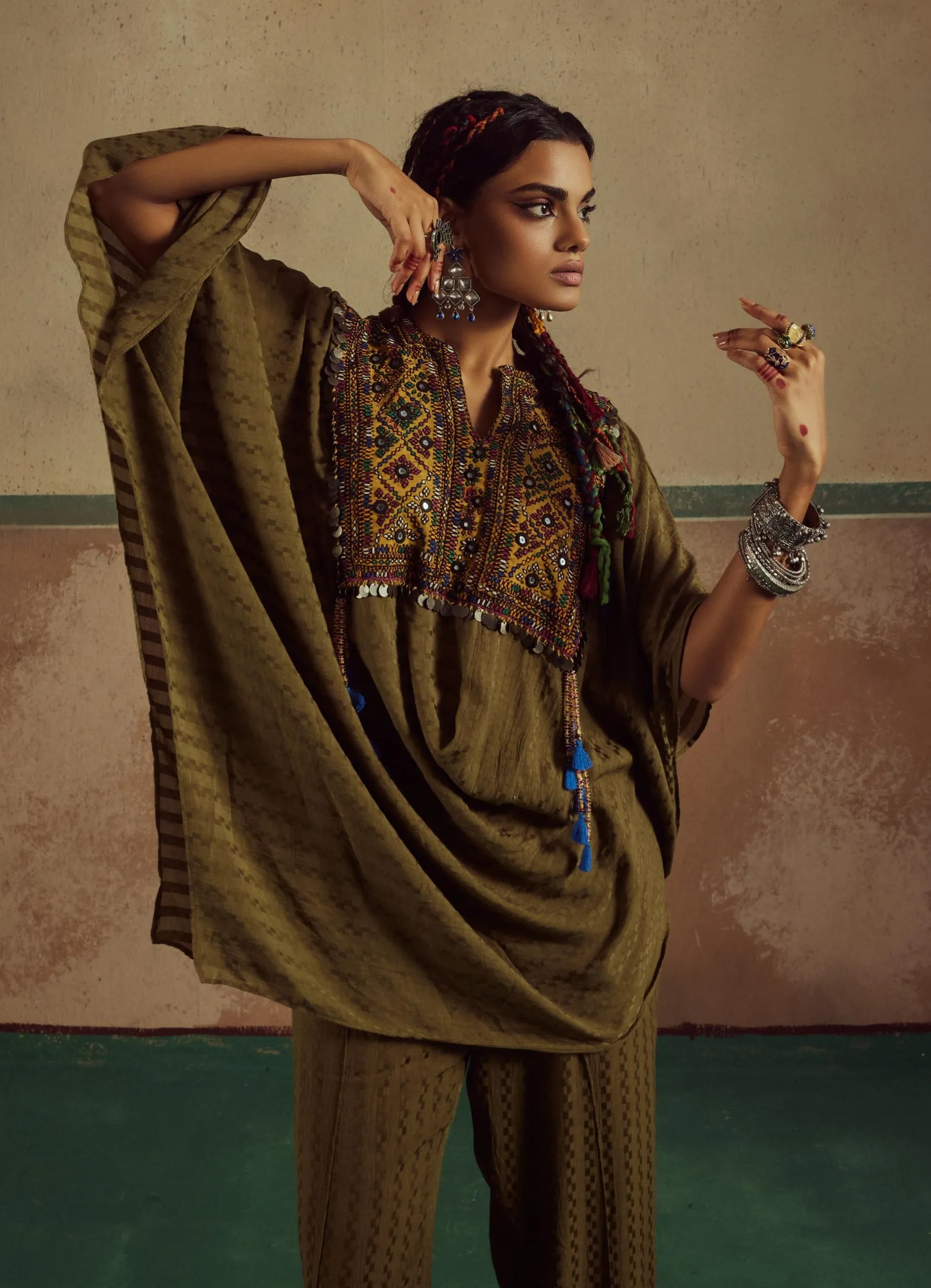 Moss green asymmetrical cowl rang cape set
