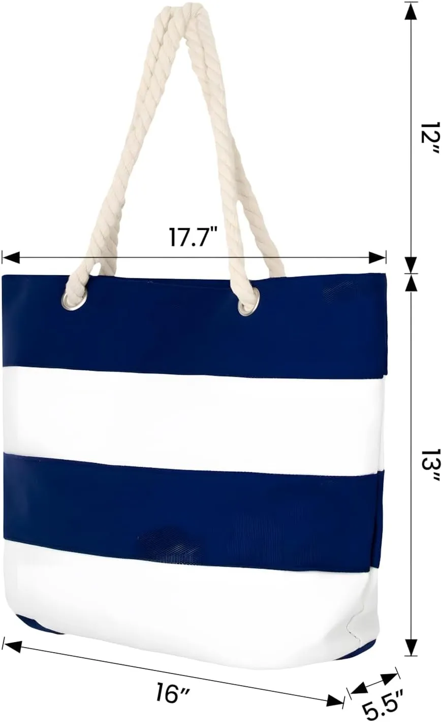 Muka Women Striped Canvas Tote Shoulder Beach Bag with Inner Zipper Pocket and Rope Handle for Travel, Shopping