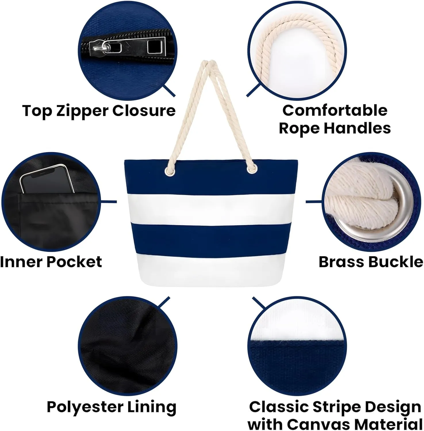 Muka Women Striped Canvas Tote Shoulder Beach Bag with Inner Zipper Pocket and Rope Handle for Travel, Shopping