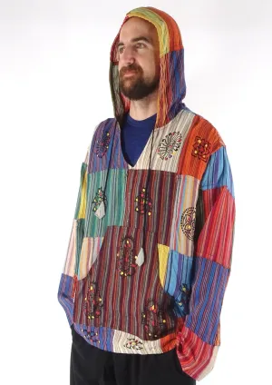 Multi Patchwork Stripe Screen Print Hooded Top
