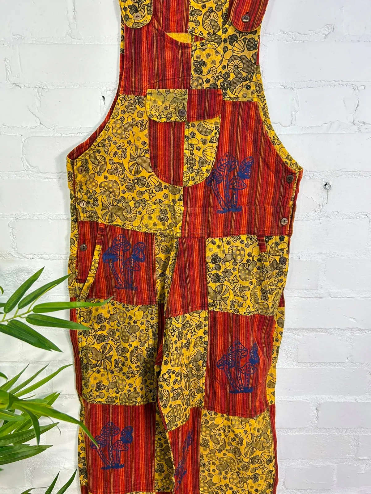 Mushroom Print Patchwork Wide Leg Dungarees