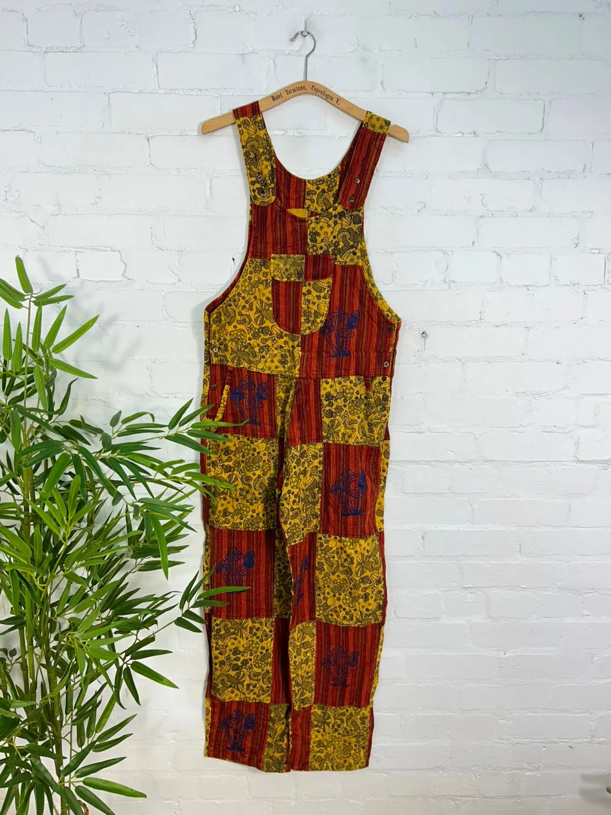 Mushroom Print Patchwork Wide Leg Dungarees