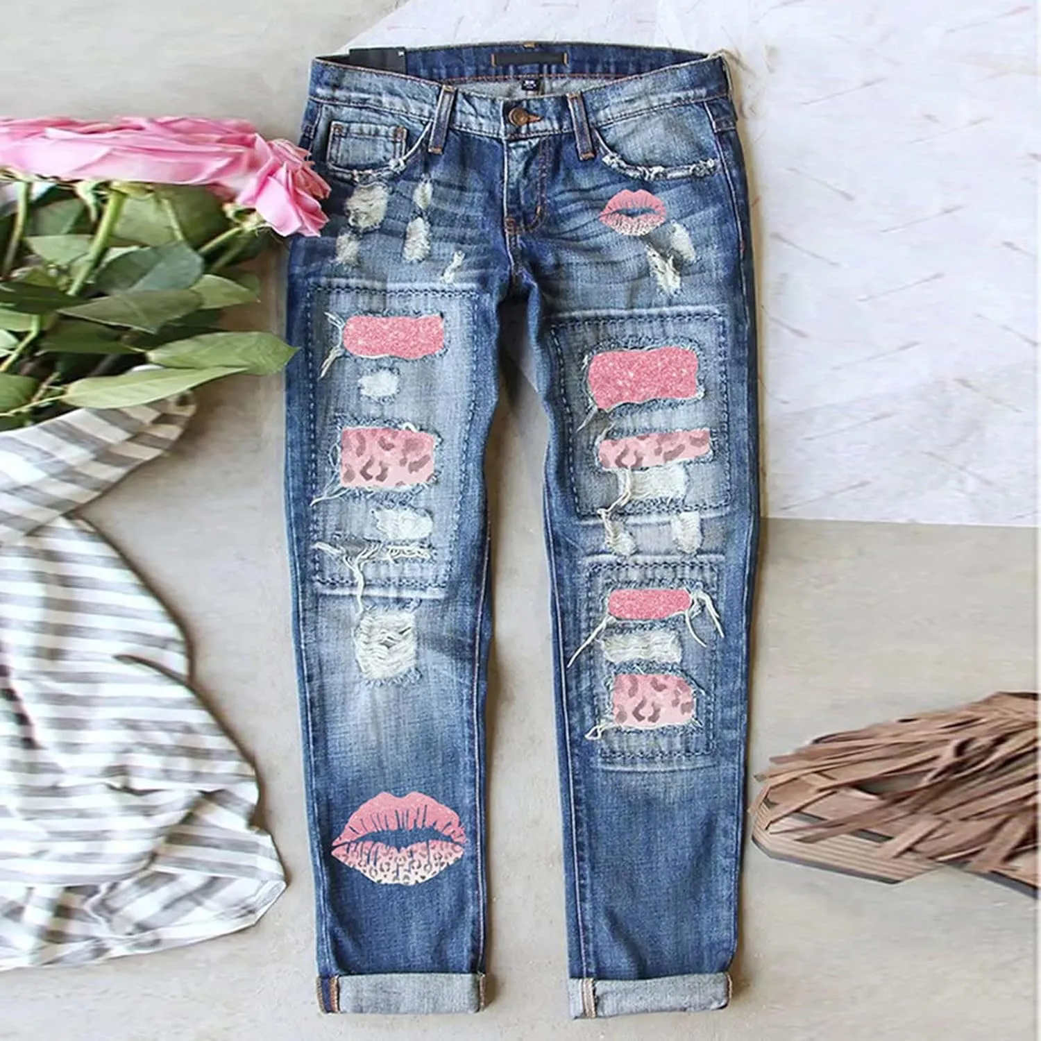 Muyise Womens Patchwork Stretch Boyfriend Distressed Ripped Jeans Sunflower Print Ripped Destroyed Denim Pants with Pockets