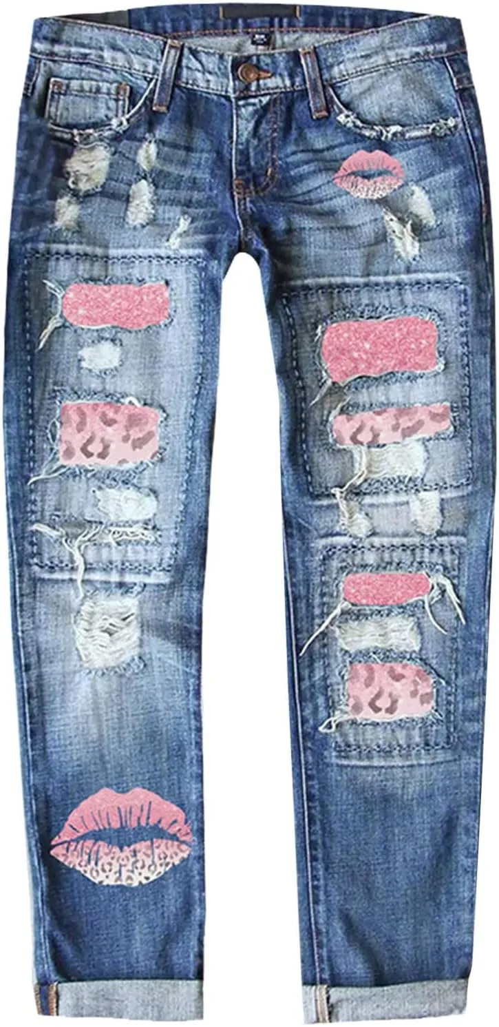 Muyise Womens Patchwork Stretch Boyfriend Distressed Ripped Jeans Sunflower Print Ripped Destroyed Denim Pants with Pockets