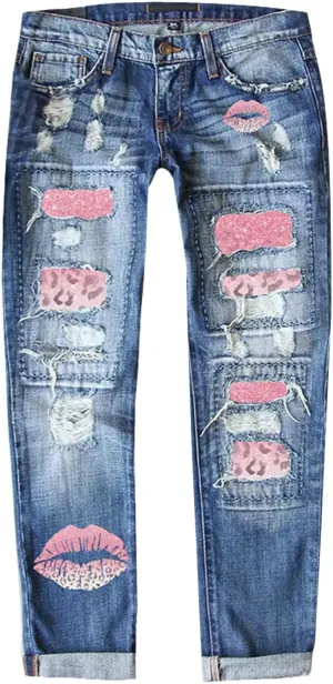 Muyise Womens Patchwork Stretch Boyfriend Distressed Ripped Jeans Sunflower Print Ripped Destroyed Denim Pants with Pockets