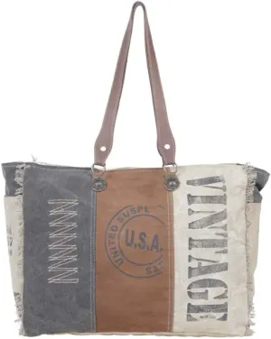 Myra Bag Chimera Vintage Purse - Large Leather and Canvas Purses for Women, Brown, Gray, and Ivory Vintage Patchwork Design, Weekender Shoulder Bag, Large Side Bags for Women