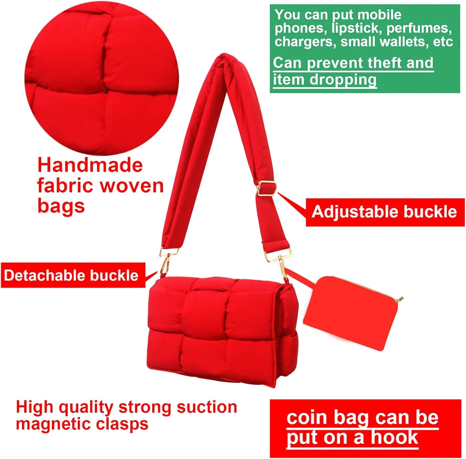 NAARIIAN Puffer Crossbody Bag for Women, Lightweight Puffy Shoulder Bags with Adjustable Strap,Quilted Woven Purse Hobo Bag