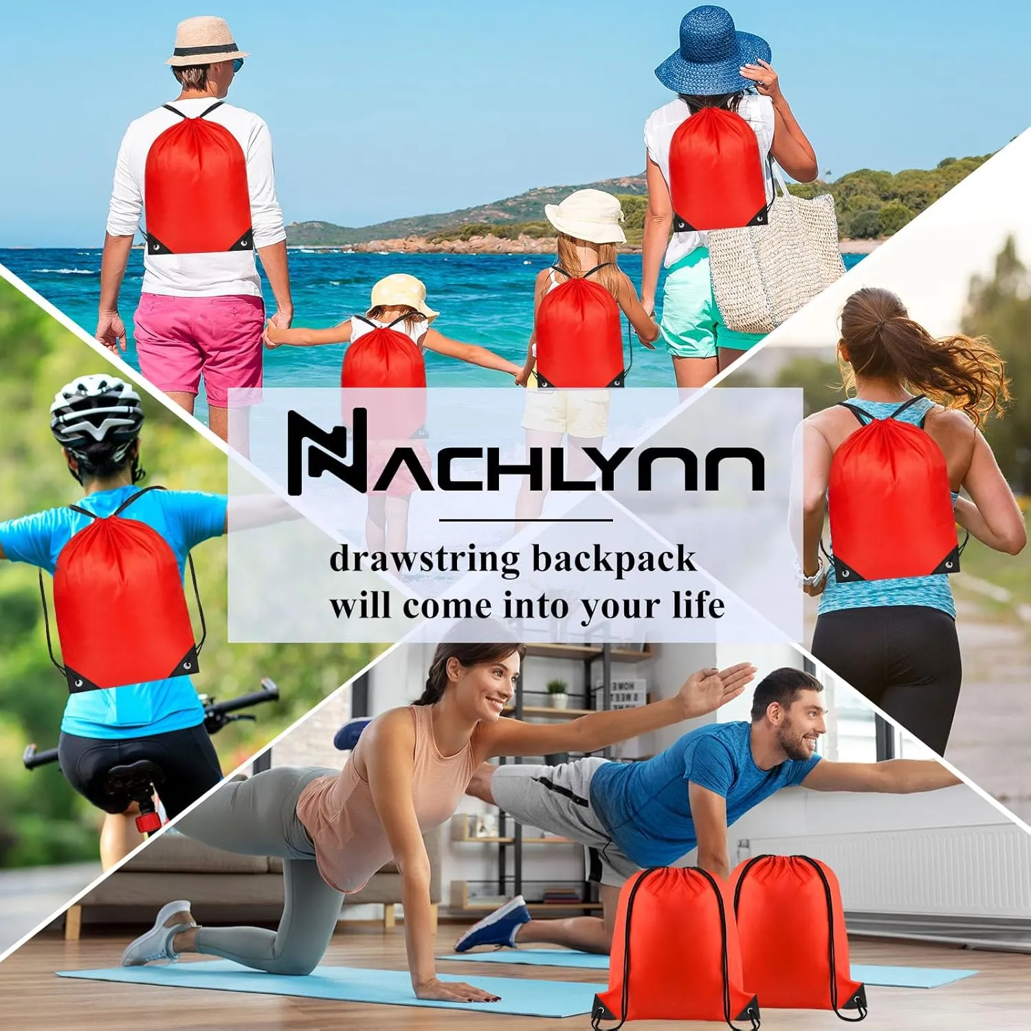 NACHLYNN 12 Pieces Drawstring Backpack Bulk Red Tote Sackpack Sports Bag DIY Drawstring Bags Nylon Draw String Sport Bag for Boys Girls Women Men Gym Sport Trip