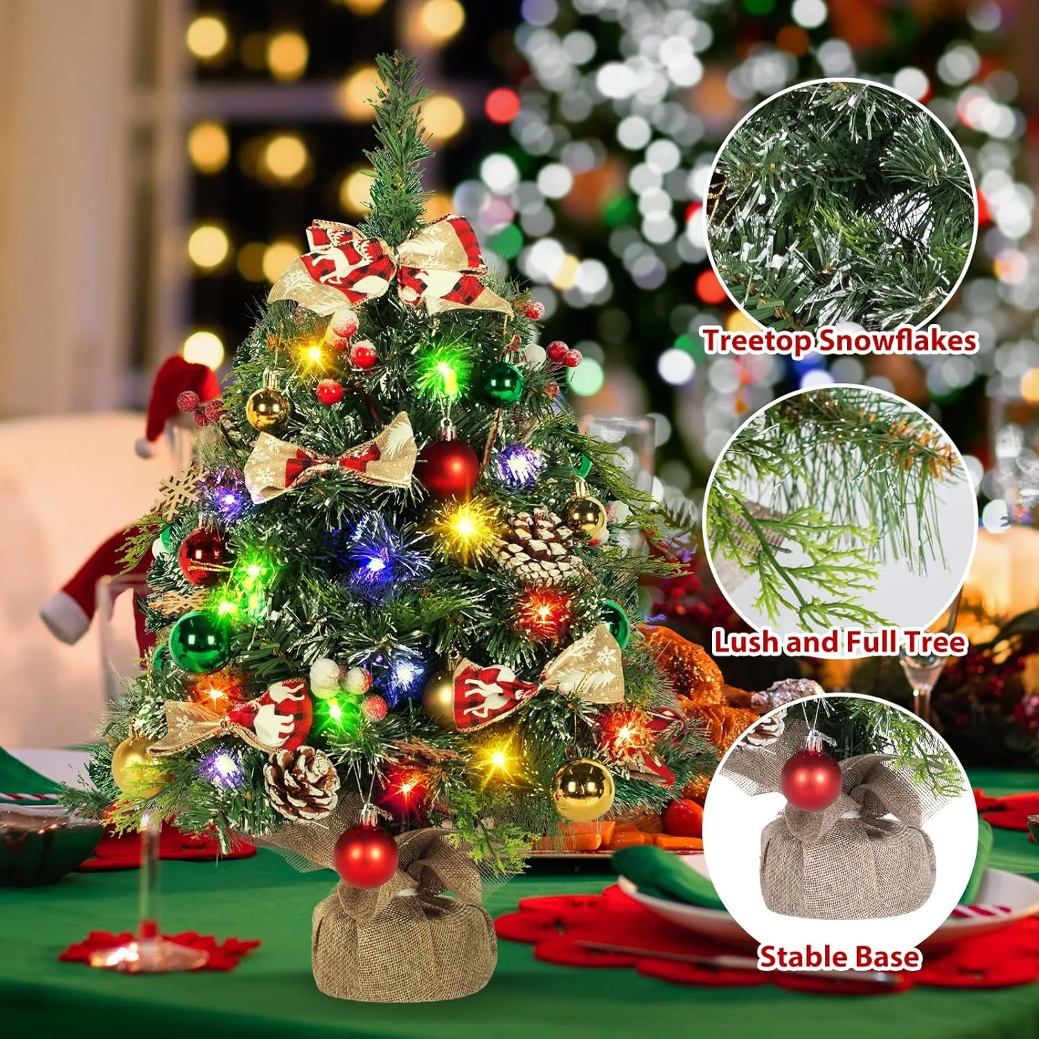 NALONE 24 Inch Mini Christmas Tree with Lights and Timer, Snow Kissed Tabletop Christmas Tree with 36 Pcs Ornaments, Artificial Small Xmas Tree with Pinecones and Red Berries