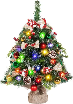NALONE 24 Inch Mini Christmas Tree with Lights and Timer, Snow Kissed Tabletop Christmas Tree with 36 Pcs Ornaments, Artificial Small Xmas Tree with Pinecones and Red Berries