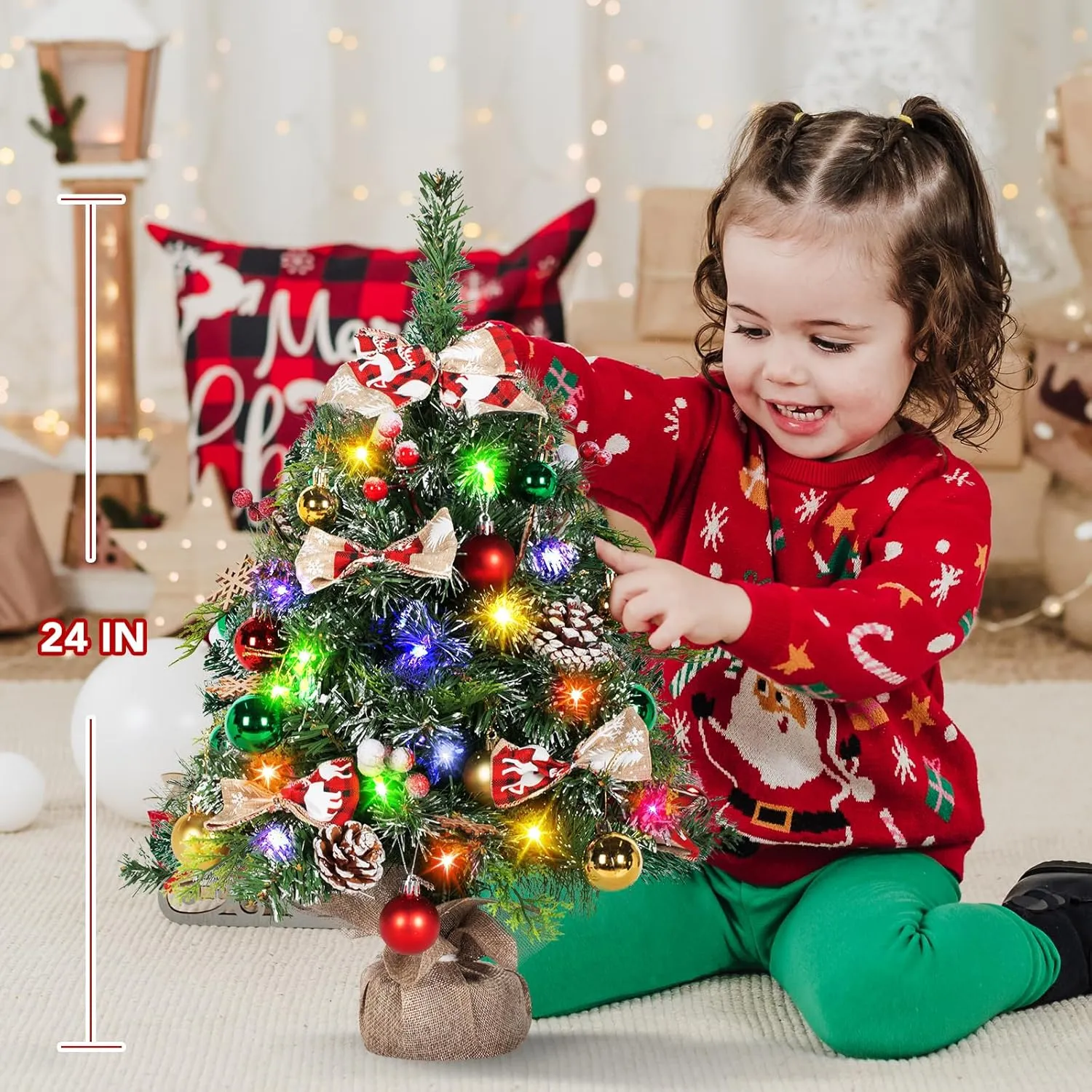 NALONE 24 Inch Mini Christmas Tree with Lights and Timer, Snow Kissed Tabletop Christmas Tree with 36 Pcs Ornaments, Artificial Small Xmas Tree with Pinecones and Red Berries