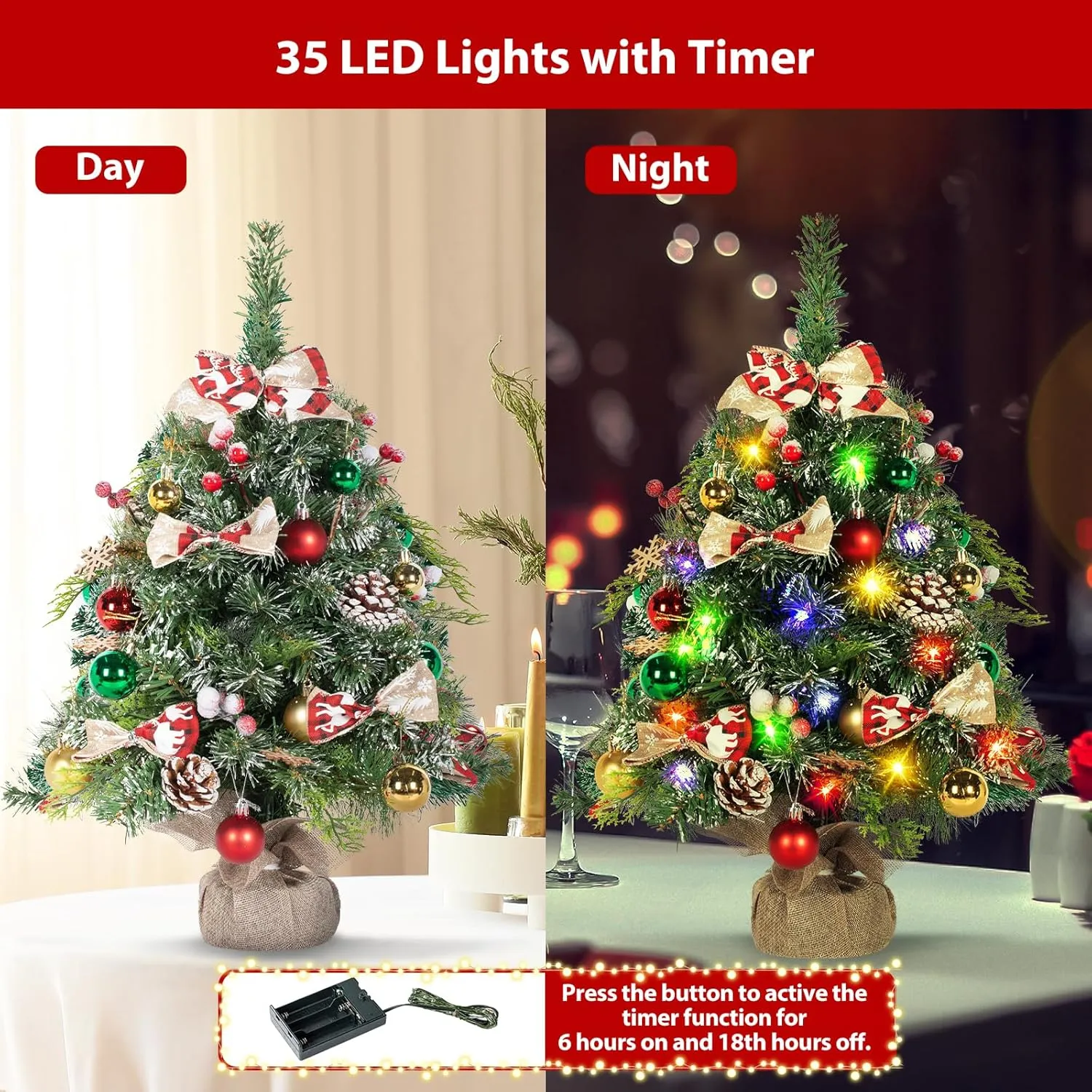 NALONE 24 Inch Mini Christmas Tree with Lights and Timer, Snow Kissed Tabletop Christmas Tree with 36 Pcs Ornaments, Artificial Small Xmas Tree with Pinecones and Red Berries