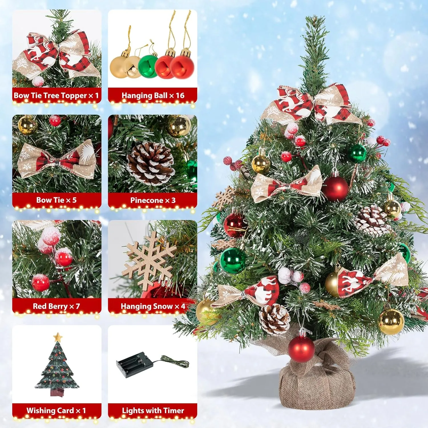 NALONE 24 Inch Mini Christmas Tree with Lights and Timer, Snow Kissed Tabletop Christmas Tree with 36 Pcs Ornaments, Artificial Small Xmas Tree with Pinecones and Red Berries