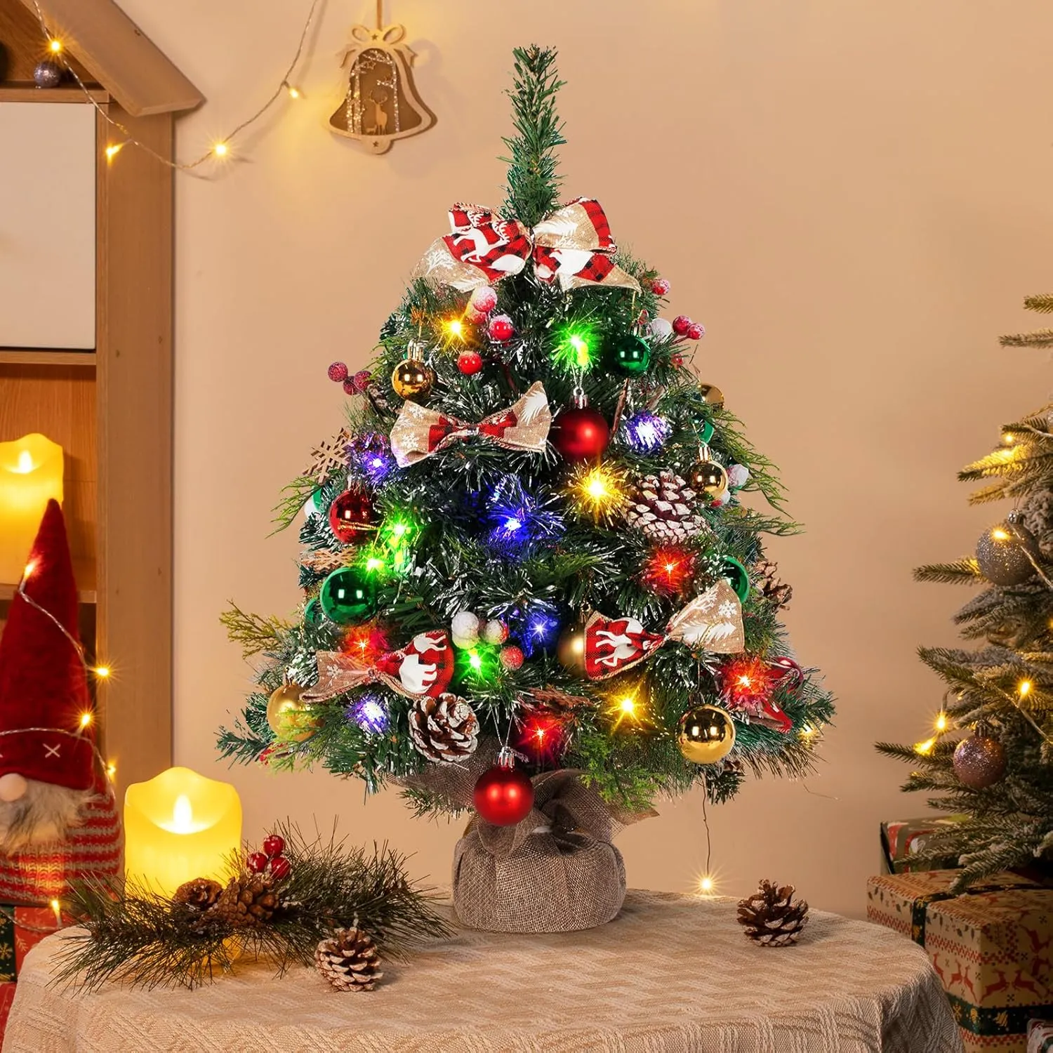 NALONE 24 Inch Mini Christmas Tree with Lights and Timer, Snow Kissed Tabletop Christmas Tree with 36 Pcs Ornaments, Artificial Small Xmas Tree with Pinecones and Red Berries