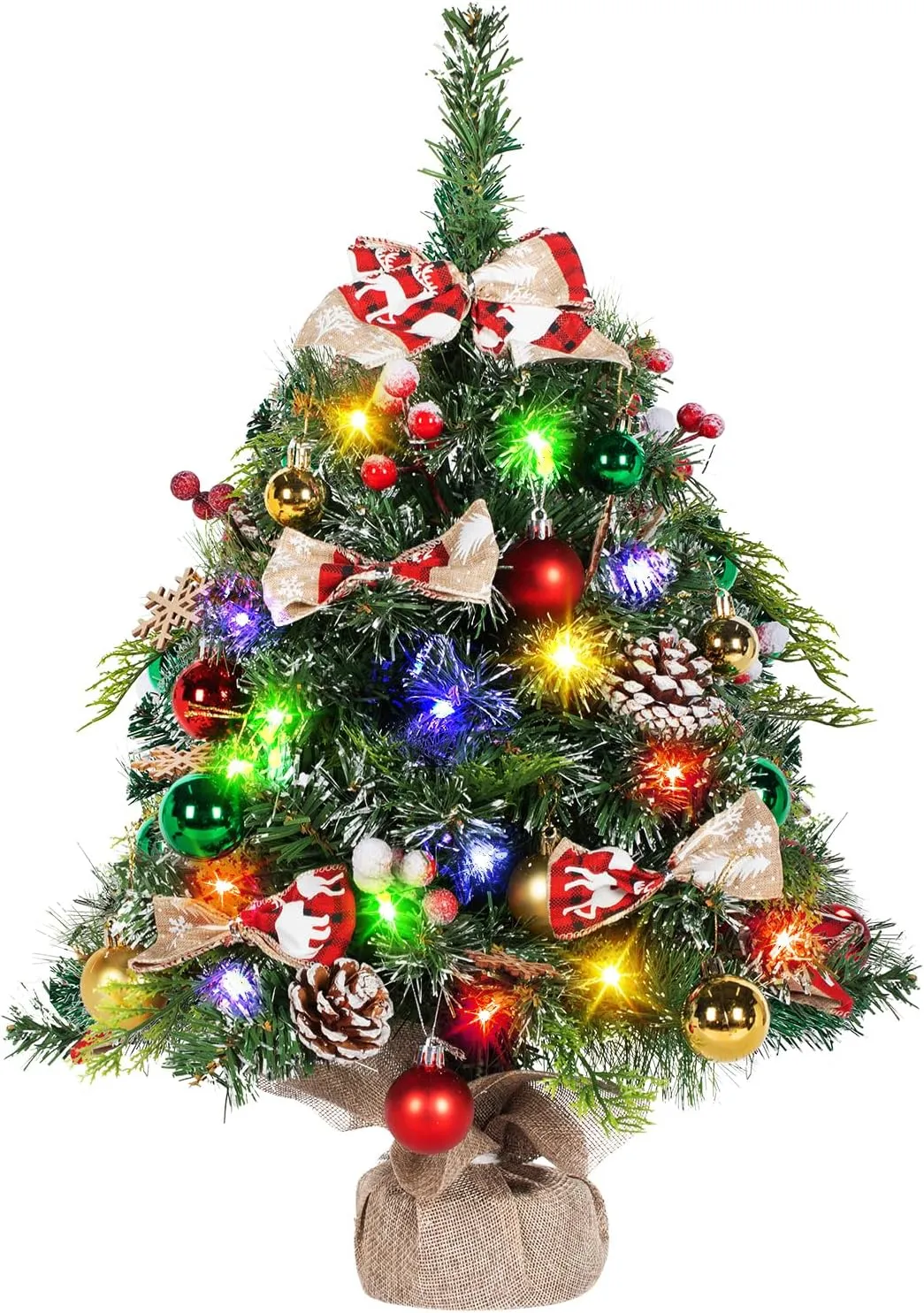 NALONE 24 Inch Mini Christmas Tree with Lights and Timer, Snow Kissed Tabletop Christmas Tree with 36 Pcs Ornaments, Artificial Small Xmas Tree with Pinecones and Red Berries
