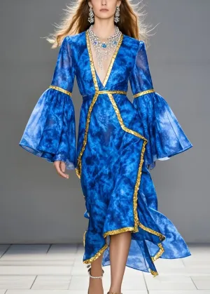 Natural Sea Blue Asymmetrical Patchwork Chiffon Vacation Dresses Flare Sleeve
