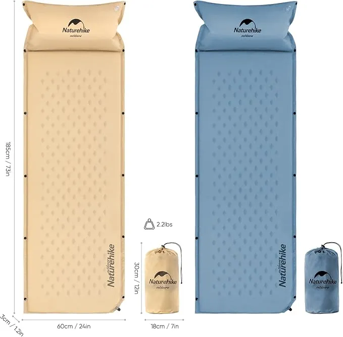 Naturehike Self-Inflating Sleeping Pad, Ultralight Memory Foam Camping Pad with Pillow, Fast Inflating, Patchwork Sleeping Pad for Camping, Hiking, RV Camping, with Storage Bag, Single, Graphite Blue