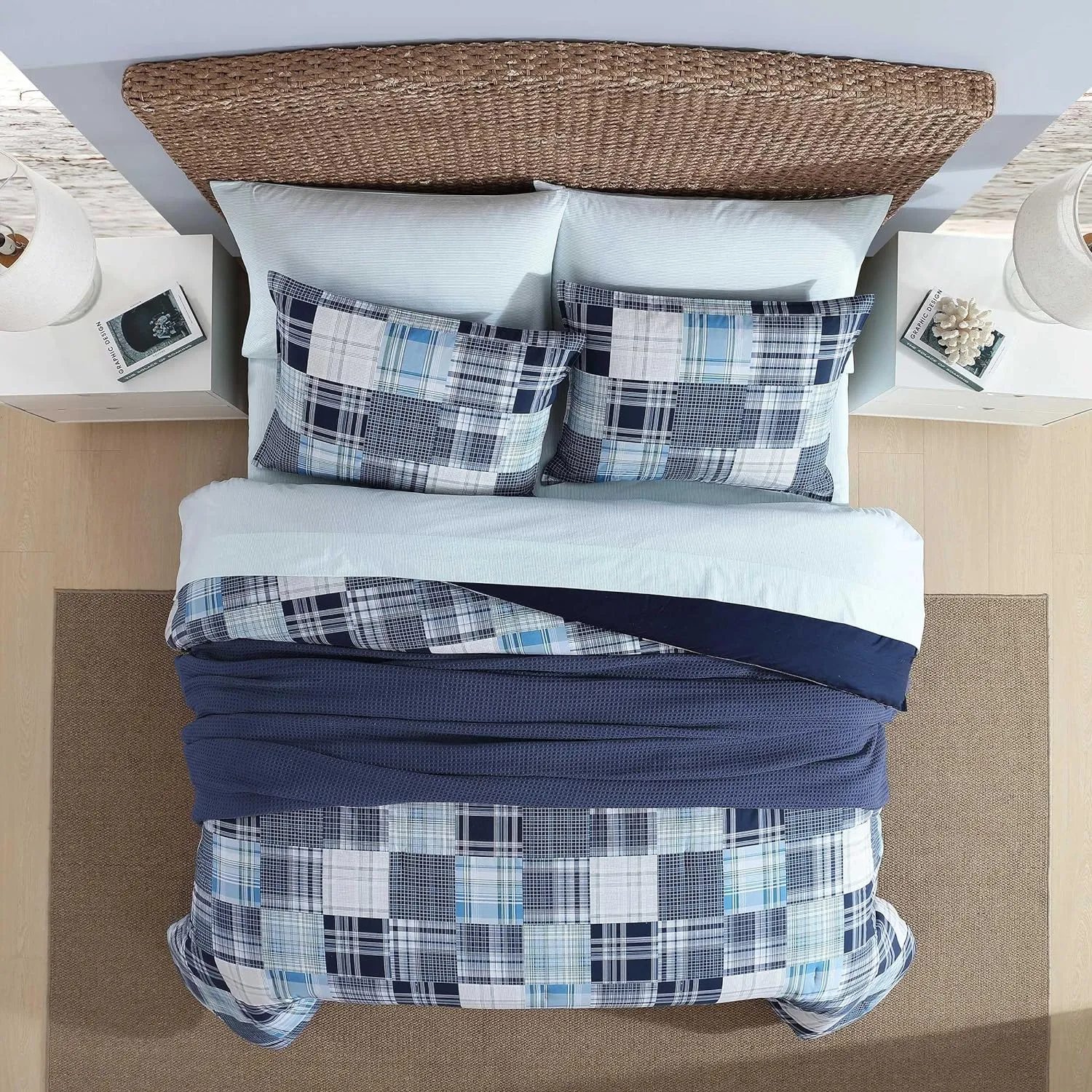 Nautica - King Comforter Set, Soft Cotton Bedding with Matching Shams, Patchwork Inspired Bedding Set (Mason Blue, King)