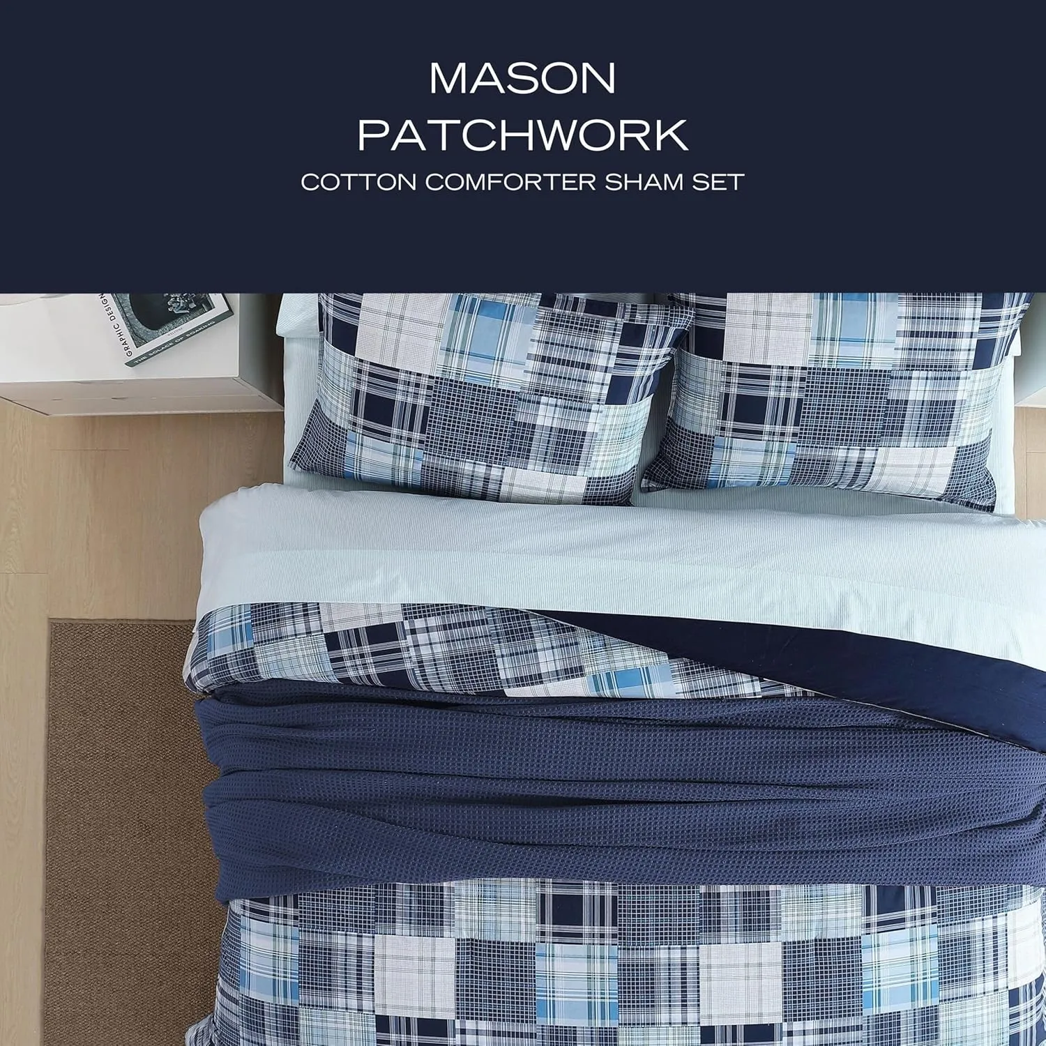Nautica - King Comforter Set, Soft Cotton Bedding with Matching Shams, Patchwork Inspired Bedding Set (Mason Blue, King)