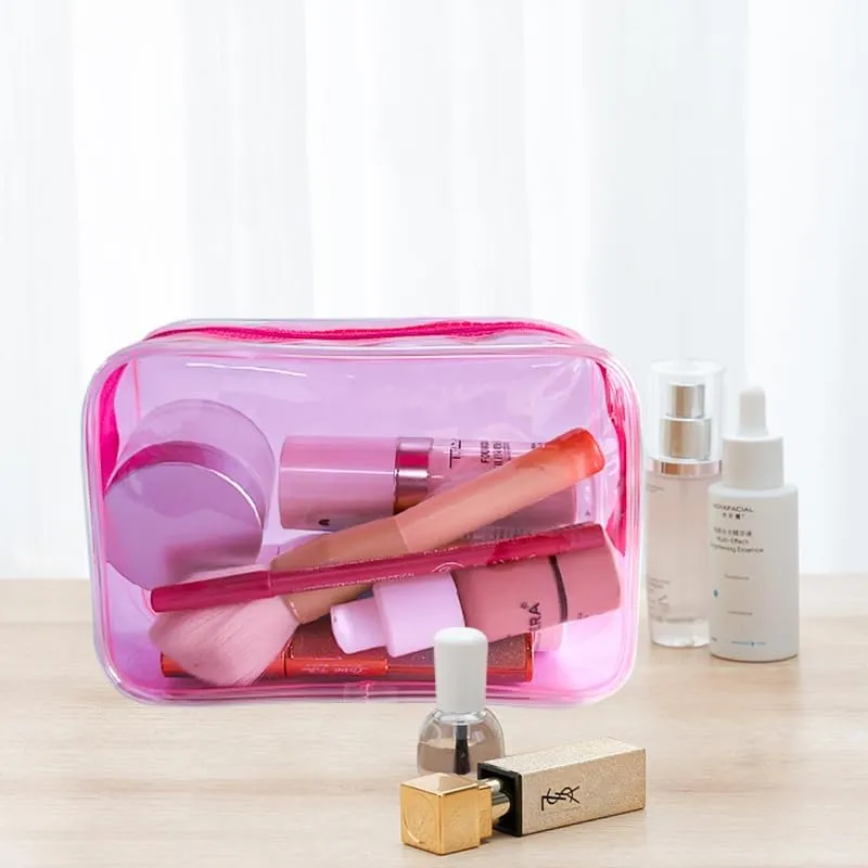 Neon Clear Pouch Small Makeup Bag, 7"x2.3"x4.7" Size TSA Approved Toiletry Bag, PVC Travel Bags for Toiletries, Clear Cosmetic Bag for Women and Men Small (Pink)