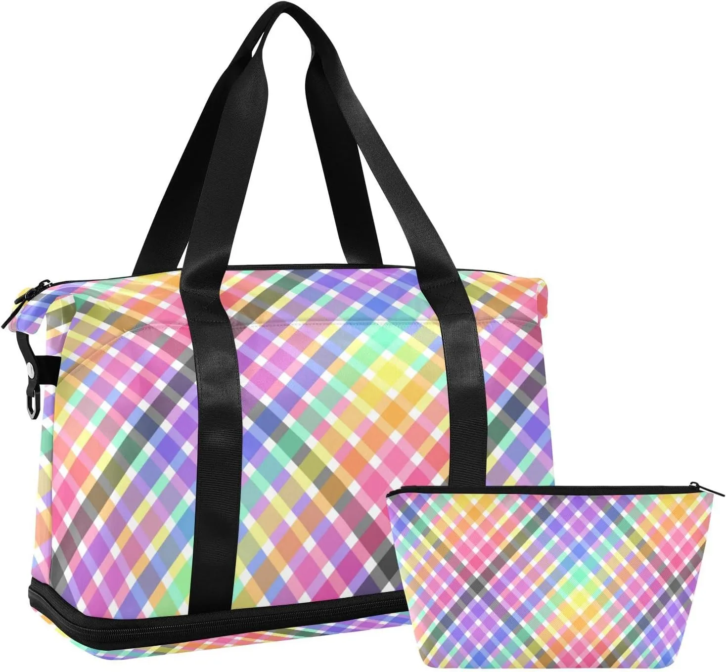 Neon Colored Grid Duffel Bag Weekender/Overnight Duffel with Toiletry Bag for Sports 2 Pcs Set