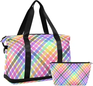 Neon Colored Grid Duffel Bag Weekender/Overnight Duffel with Toiletry Bag for Sports 2 Pcs Set