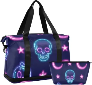 Neon Colored Stars Moons and Skeletons Gym Duffel Bag Carry on Weekender Overnight Bag with Toiletry Bag for Trekking Foldable
