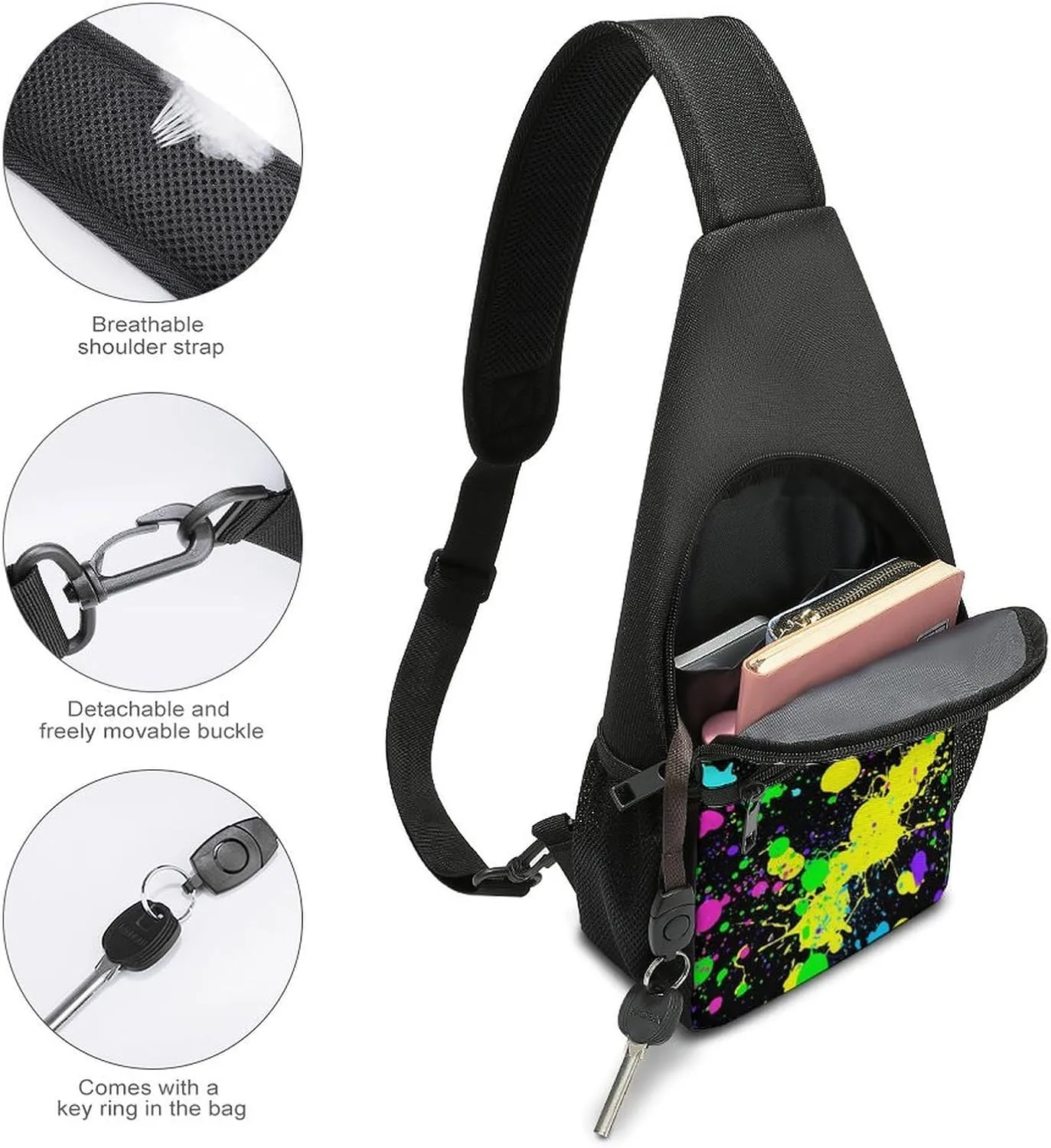 Neon Paint Splatter Chest Bag with Mesh Pockets on Both Sides And Main Bag Design
