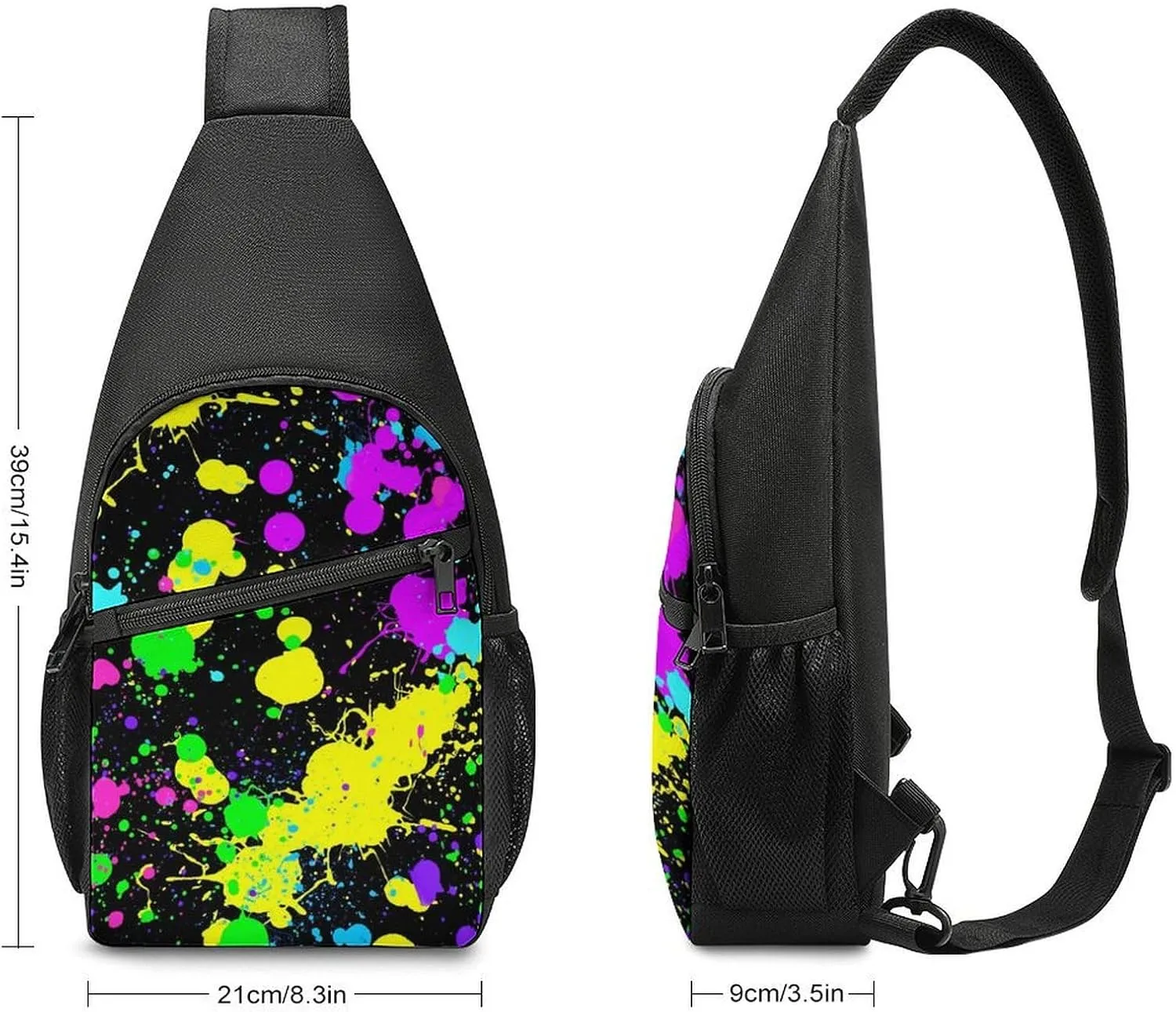 Neon Paint Splatter Chest Bag with Mesh Pockets on Both Sides And Main Bag Design