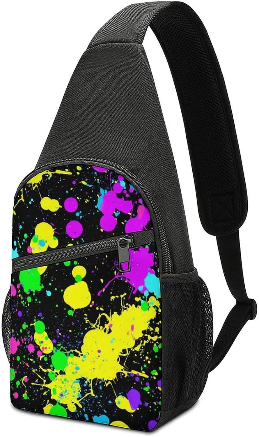 Neon Paint Splatter Chest Bag with Mesh Pockets on Both Sides And Main Bag Design