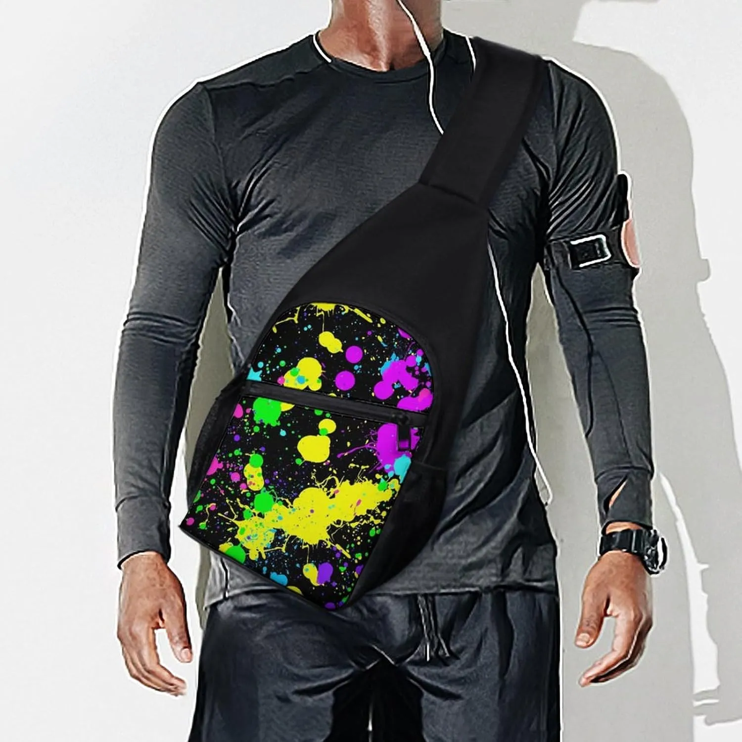 Neon Paint Splatter Chest Bag with Mesh Pockets on Both Sides And Main Bag Design