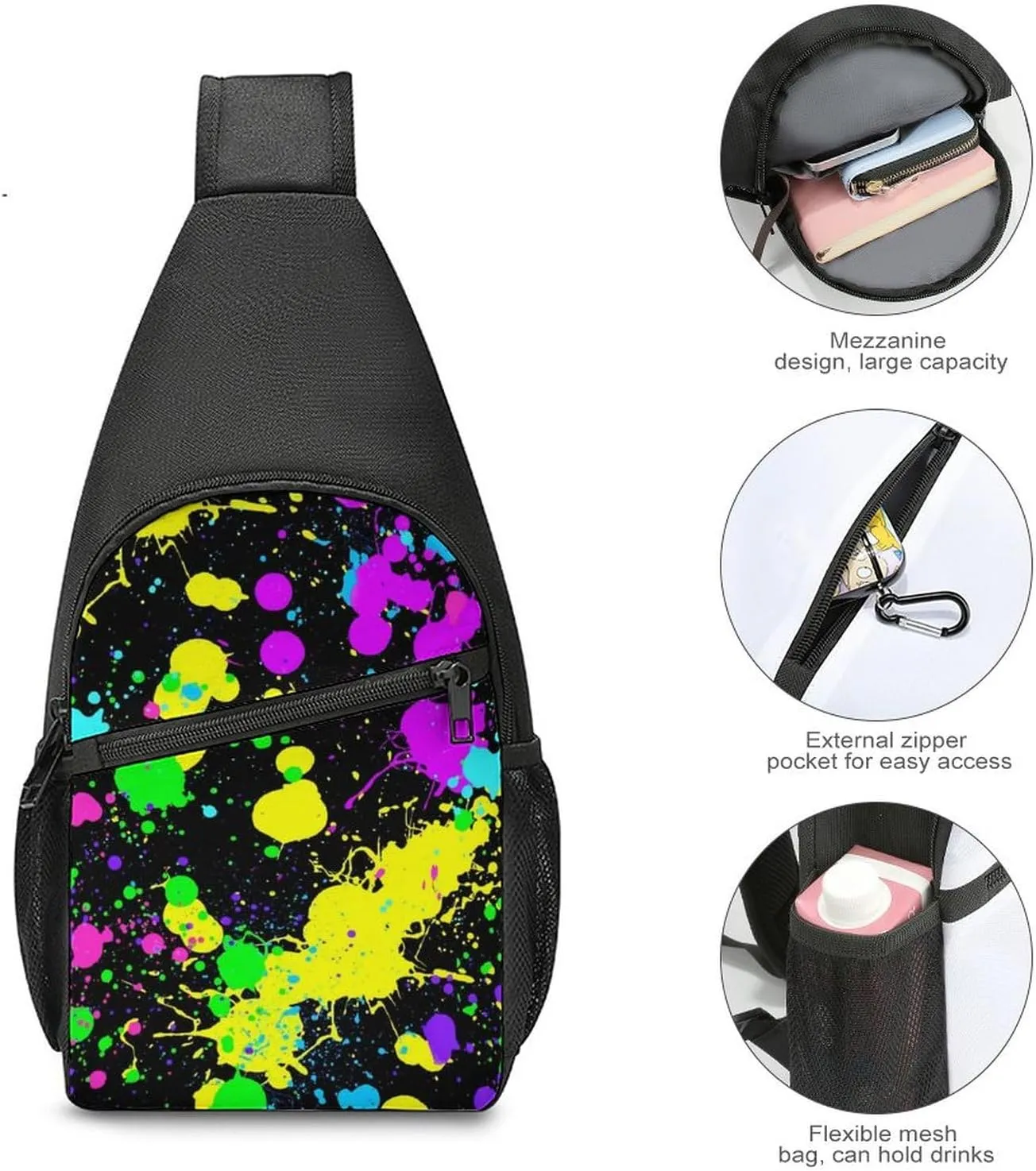 Neon Paint Splatter Chest Bag with Mesh Pockets on Both Sides And Main Bag Design