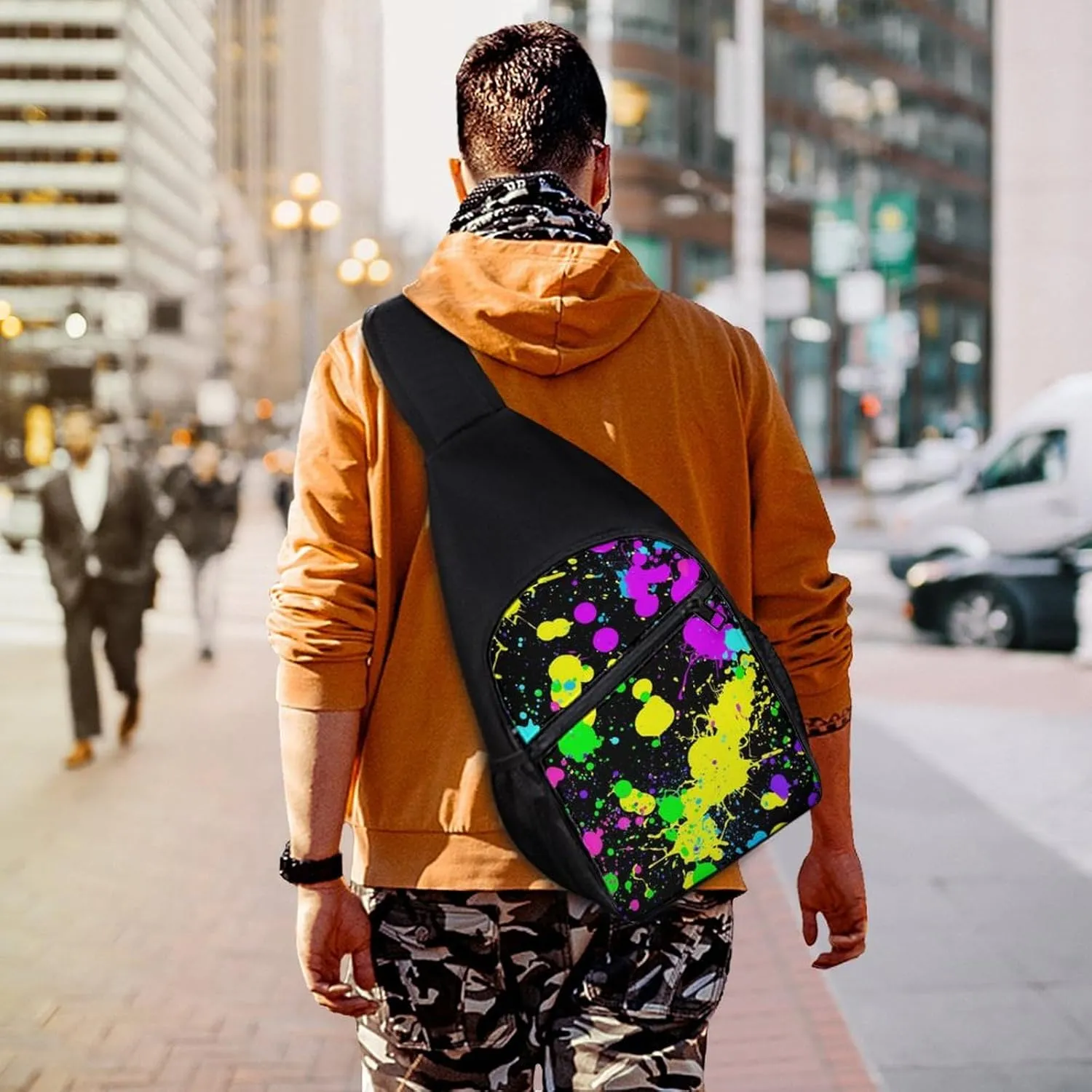 Neon Paint Splatter Chest Bag with Mesh Pockets on Both Sides And Main Bag Design