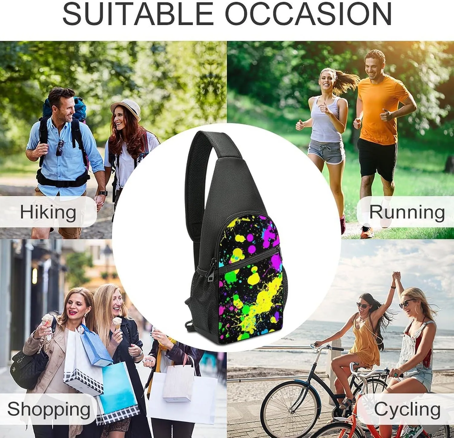 Neon Paint Splatter Chest Bag with Mesh Pockets on Both Sides And Main Bag Design