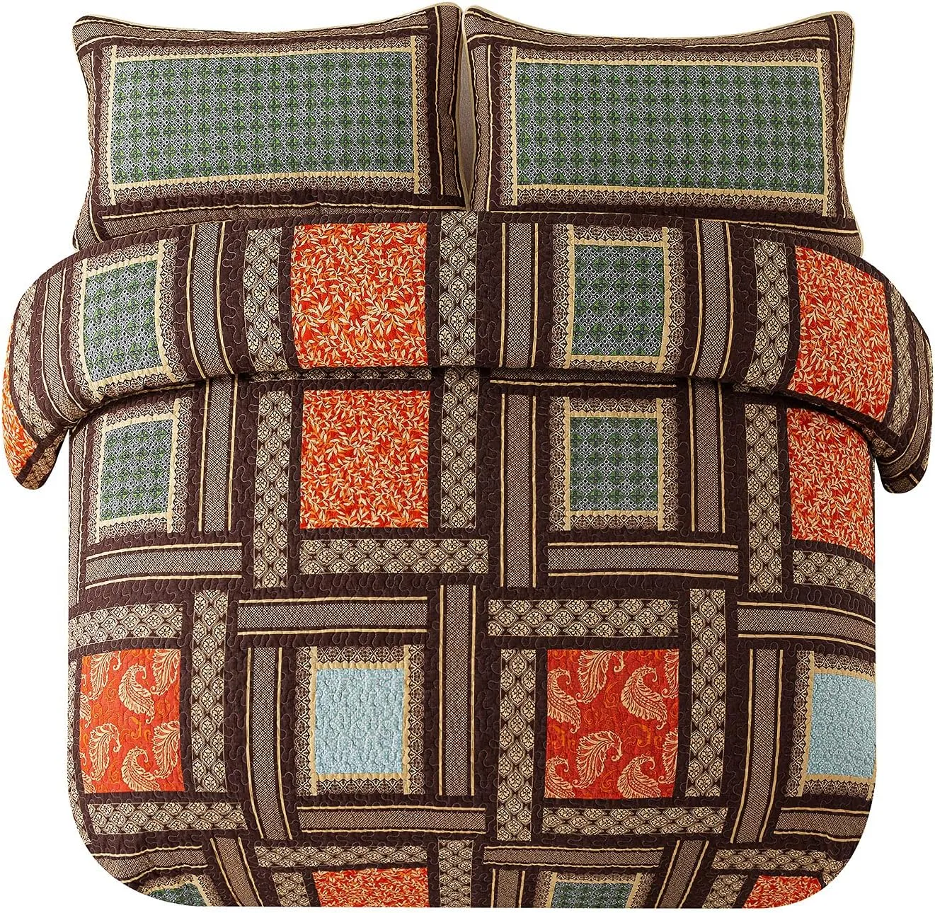 NEWLAKE Cotton Patchwork Bedspread, 3-Piece Bedding Quilt Set with Real Stitched Embroidery, Reversible Matelasse Bed Coverlet Set,Bohemian Farmhouse,Queen Size