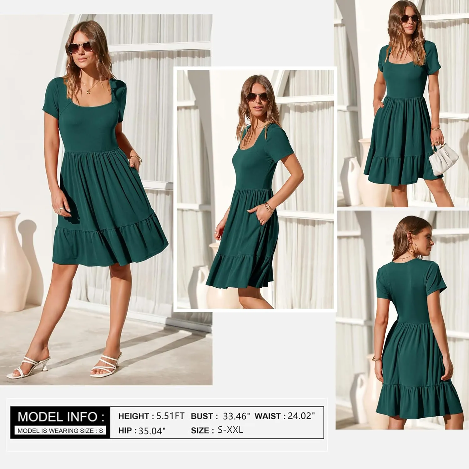 Newshows Women 2025 Summer Dress Square Neck Formal Short Sleeve Business Casual Outfits Ruffle Spring Pockets Sundress