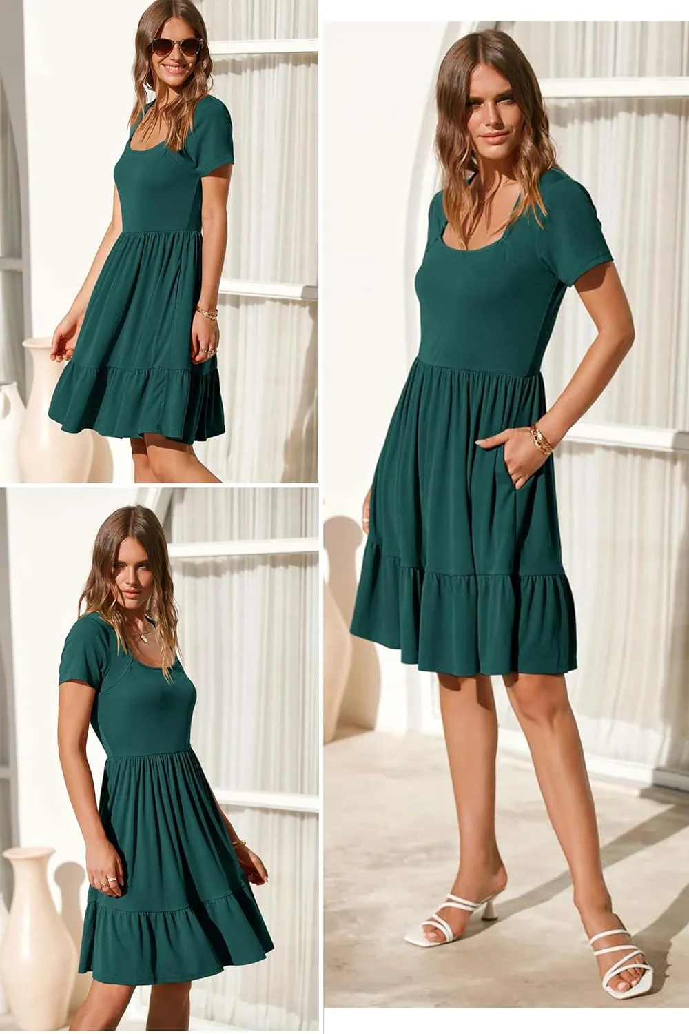 Newshows Women 2025 Summer Dress Square Neck Formal Short Sleeve Business Casual Outfits Ruffle Spring Pockets Sundress