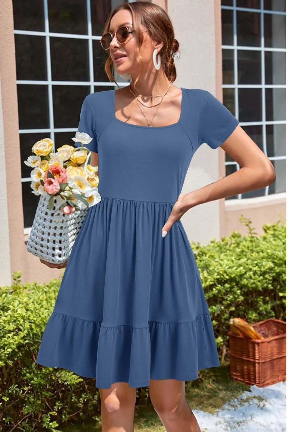 Newshows Women 2025 Summer Dress Square Neck Formal Short Sleeve Business Casual Outfits Ruffle Spring Pockets Sundress