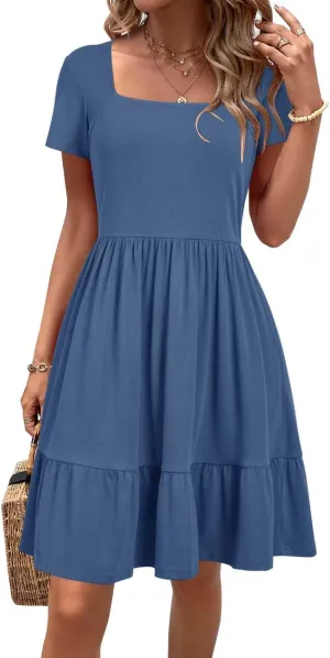 Newshows Women 2025 Summer Dress Square Neck Formal Short Sleeve Business Casual Outfits Ruffle Spring Pockets Sundress