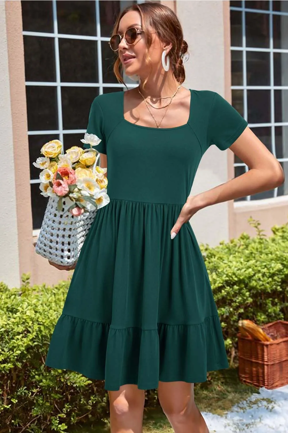 Newshows Women 2025 Summer Dress Square Neck Formal Short Sleeve Business Casual Outfits Ruffle Spring Pockets Sundress