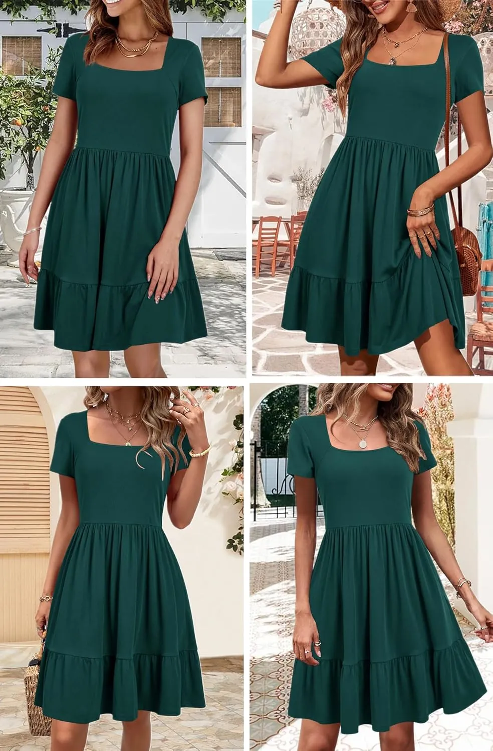 Newshows Women 2025 Summer Dress Square Neck Formal Short Sleeve Business Casual Outfits Ruffle Spring Pockets Sundress